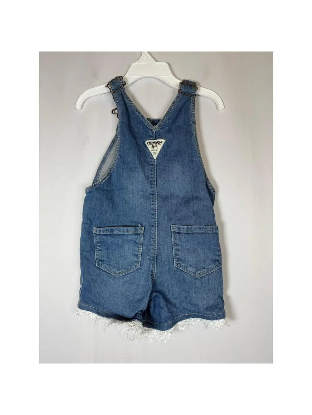OshKosh B'gosh Girls Denim Shortalls Blue Overall Shorts Lace Trim Size 2T